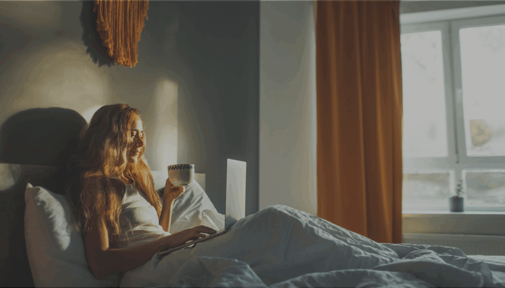 Eine Frau sitzt mit einer Tasse im Bett, ist zugedeckt und hat einen Laptop auf dem Schoß.