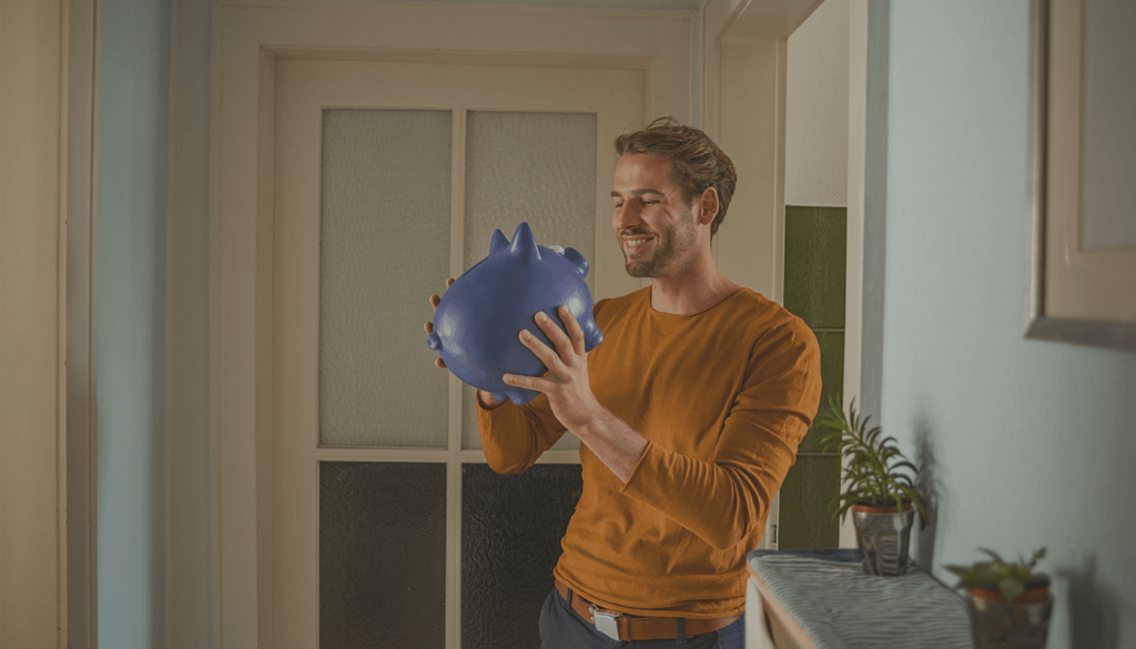 Ein Mann hält ein großes Sparschwein in der Hand und lacht es an.